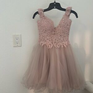 Formal cocktail dress. Baby pink. Fine details. Lace & gem stones. Tulle skirt